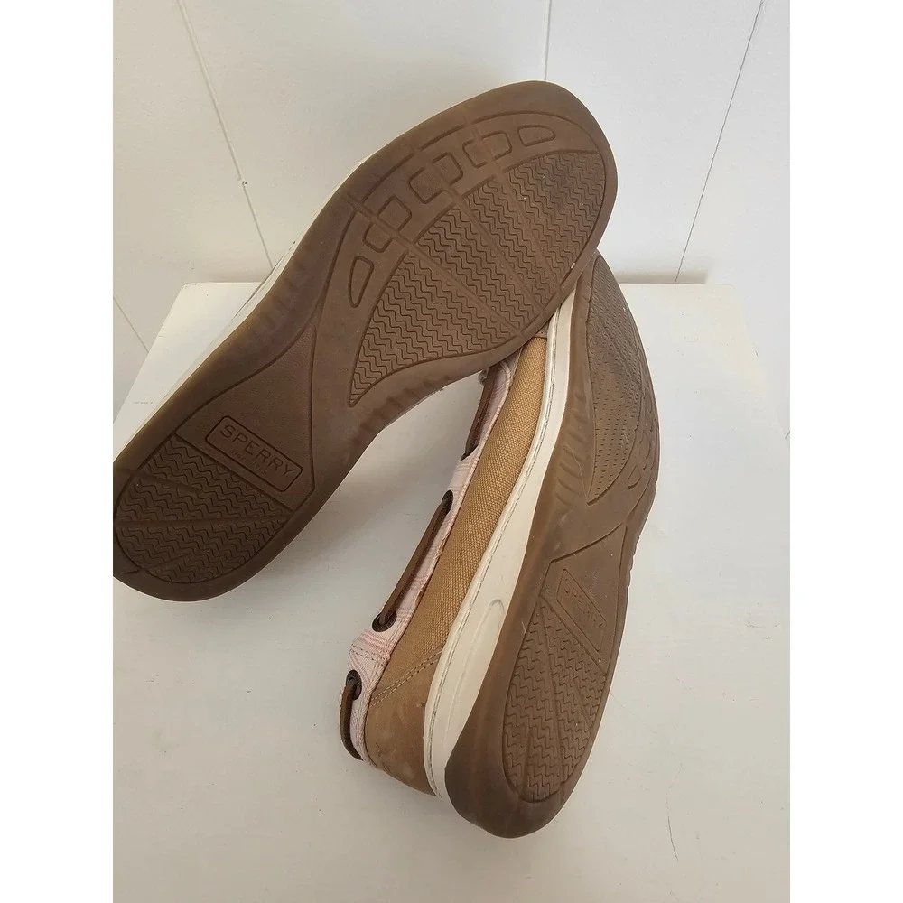 Sperry Boat Shoes Womens 9.5 Tan Pink Striped Leather Nautical STS88624